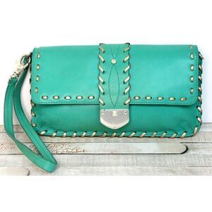 4.75x8.5" Michael Kors BRONZE GREEN LEATHER FLAP PURSE CLUTCH WALLET WRISTLET